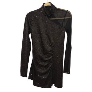 Weissman Small Adult Dance Costume Black Sequin Sheer Mesh Sleeve Ruched Leotard